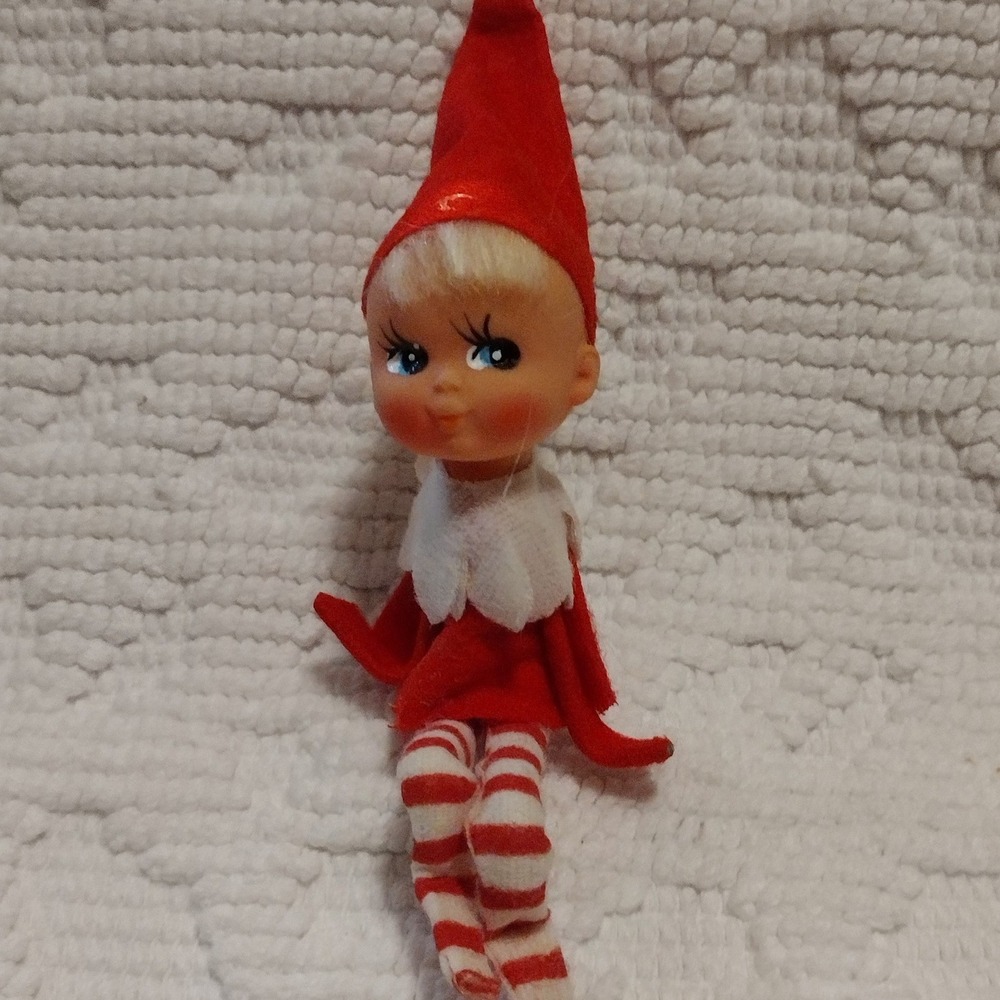 Vintage Christmas Pixie Elf Ornament Red Felt Striped Legs Japan Mid Century